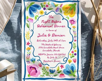 Floral Fiesta Rehearsal Dinner Invitation, Hand-Drawn Colorful floral Mexican Theme (Editable Template)