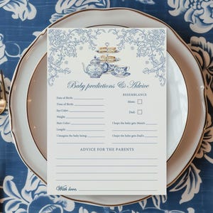 Carte prédictions et carte conseil pour bébé, toile bleu poussiéreux Prédictions chinoises pour bébé garçon Jeux pour le goûter pour baby shower