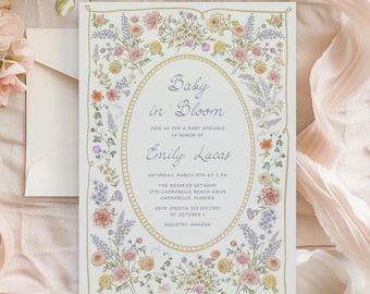 Baby in bloom baby sprinkle invitation Girl Vintage floral invite, Cottagecore Wildflower Garden party