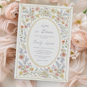 Love in Bloom Bridal Shower Invitation, Vintage Wildflower Floral Garden Party Editable Template
