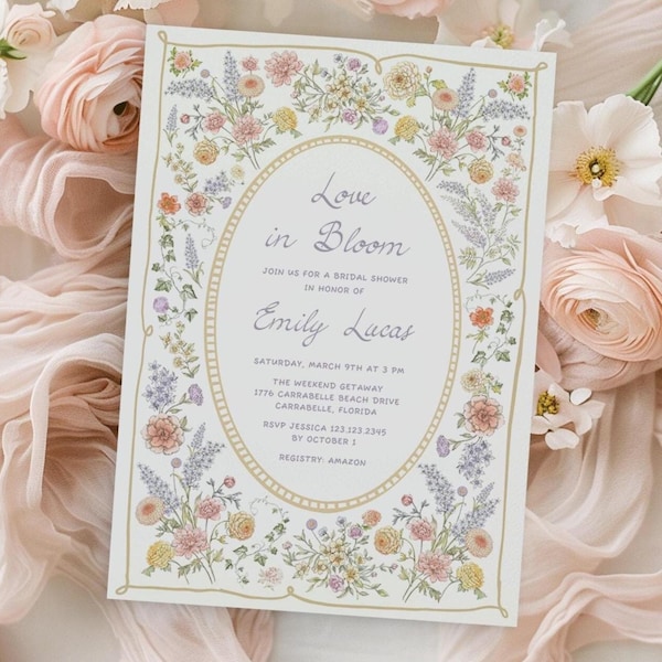 Love in Bloom Bridal Shower Invitation, Vintage Wildflower Floral Garden Party Editable Template
