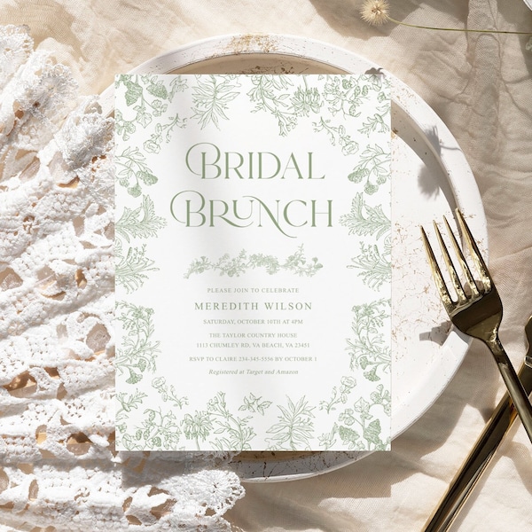 Sage green bridal brunch invitation Chinoiserie bridal shower invite, Vintage floral Toile bridal shower brunch invite