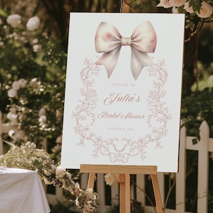 Cartello di benvenuto per la festa nuziale con fiocco rosa, decorazione per la festa nuziale in stile Regency, cartello con motivo floreale rosa vintage in stile Chinoiserie, cartello di benvenuto in stile vittoriano