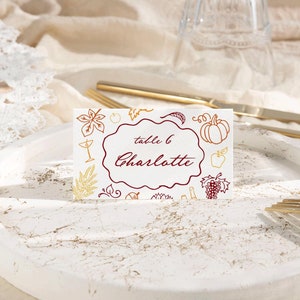 Tarjetas de lugar de otoño dibujadas a mano, tarjetas de nombre para baby shower, etiquetas de comida para despedida de soltera, decoración de boda de otoño, tarjetas de buffet de cumpleaños de otoño escritas a mano