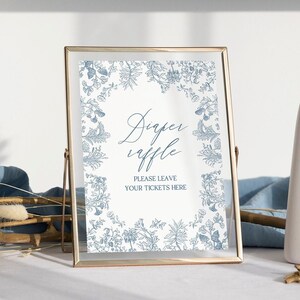Diaper raffle sign Dusty blue chinoiserie baby shower decoration Vintage floral sign, Dusty blue Boy toile baby shower table sign