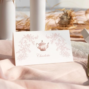 Cartões de lugar para chá de bebê Etiquetas de alimentos para chá de bebê em toile rosa, Cartões de bufê, Cartões de nome Chinoiserie Decoração para chá de bebê