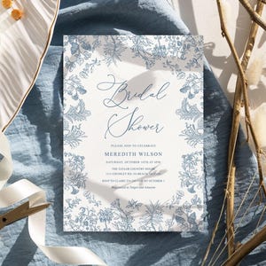 Chinoiserie bridal shower invitation Vintage blue Floral bridal shower invite, Digital dusty blue Toile bridal shower invite