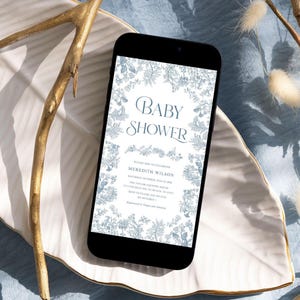 Dusty blue toile baby shower Invitation Boy baby shower evite electronic text invite, Floral vintage Chinoiserie baby shower invite