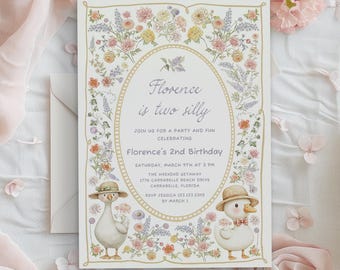 Invitación de cumpleaños número 2 de Two Silly Goose, plantilla editable para fiesta en el jardín con flores en tonos pastel