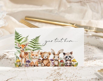 Woodland place cards Forest animals birthday Food label cards folded name cards buffet tent card template, Woodland baby shower decoration