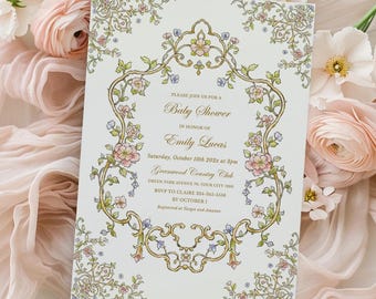 Vintage Floral Crest Baby Shower Invitation Template | Girl Chinoiserie Victorian Pink Gold Blue Template