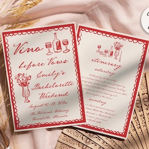 Invitación para despedida de soltera "Vino antes de la boda", Itinerario de fin de semana de cata de vinos, Plantilla dibujada a mano