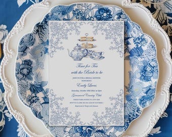 Tea party Bridal Shower Invitation, Dusty Blue Chinoiserie Toile Victorian Garden party Editable Template