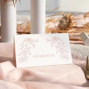 Tarjetas de lugar de Toile, tarjetas de nombre de boda con flores rosas, etiquetas de comida para baby shower estilo chinoiserie, tarjetas de buffet de despedida de soltera vintage, tarjetas de carpa