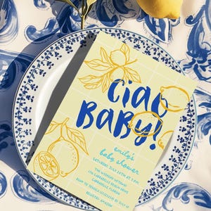 Lemon Ciao Baby Shower Invitation, Hand-drawn citrus, Italian Dolce Vita Theme (Editable Template)
