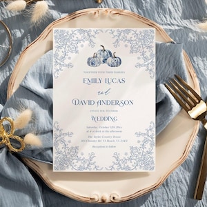 Hochzeit im Herbsts-Einladung Dusty blaue Hochzeit Toile laden Elegante Vintage Blumen-Chinoiserie Kürbis-Hochzeitseinladungen ein