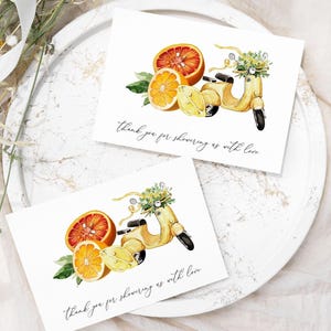 Tarjeta de agradecimiento con cítricos para baby shower o fiesta de cumpleaños italiana de niña, decoración, naranjas, limones, nota de agradecimiento para despedida de soltera, plantilla