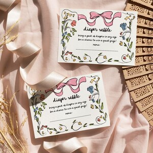 Blumenwindel-Verlosungskarte-Mädchen-Babypartyspiel, Garten-Babyparty-Einsatzkarte, handgeschriebenes Hand gezeichnetes Baby in der Blüte Windel-Verlosungskarte