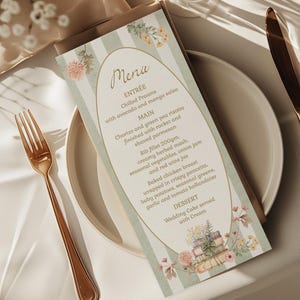 New Chapter Bridal Shower Menu Template, green Striped Pink Floral Storybook Baby Shower decor