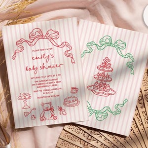 Handgetekende theefeestuitnodiging meisje babyshower uitnodigen, grillige theefeestje uitnodigen, teddybeer roze strik babyshower uitnodiging