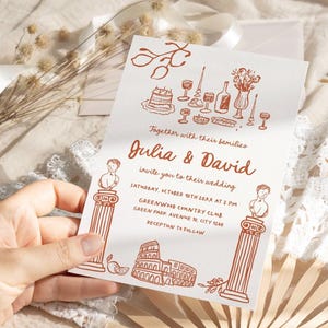 Mediterranean Wedding invitation Hand drawn Italian wedding invite theme, Funky Handwritten wedding invitation