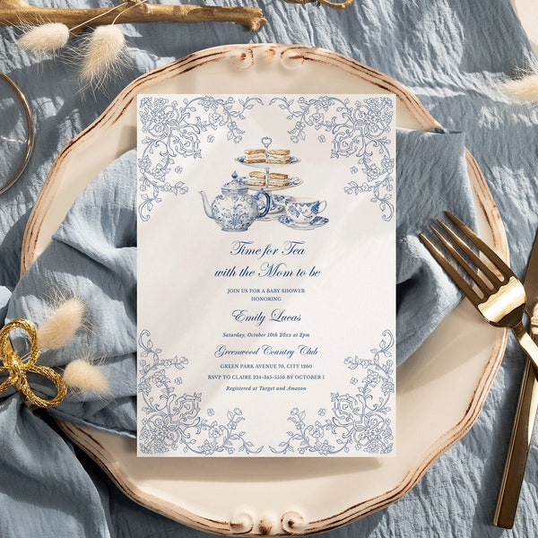 Toile baby shower tea party invitation Time for tea with mommy to be, Baby is brewing invite Dusty blue Chinoiserie baby shower invitation