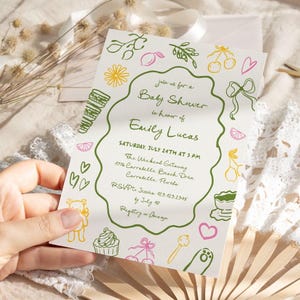 Hand gezeichnete Babypartyeinladung Mädchen-handgeschriebene Zitronen-Babyparty einladen, illustrierte mediterrane italienische Babypartythema