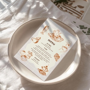 Szablon menu rysowany ręcznie, Szablon menu na wieczór panieński w kawiarni, Menu na baby shower w kawiarni Bebe, Karta menu na brunch urodzinowy