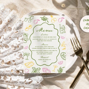 Cartão de menu de casamento italiano Modelo de menu de chá de panela desenhado à mão mediterrâneo, Menu de jantar de ensaio, Menu de chá de bebê