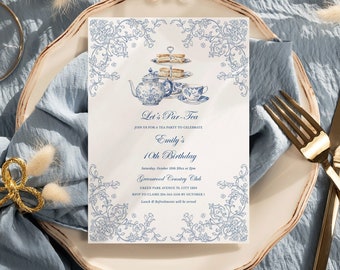 Chinoiserie birthday Tea party Invitation Par-tea birthday invite Dusty blue Women birthday brunch Afternoon tea birthday brunch invite