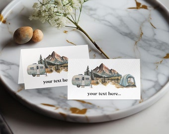 Camping birthday Food label cards Adventure baby shower place cards Name cards template, One happy camper Boy Glamping party decoration