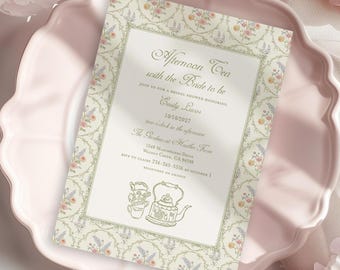 Invitation pour un thé rose et vert | Fête prénuptiale vintage à thème floral | Modèle Corjl pour future mariée sur le thème du jardin