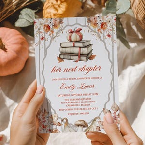 Literary Storybook Pumpkin Bridal Shower Invitation | Her Next Chapter Fall Orange Red Floral Invite | Corjl Download Template Card Design