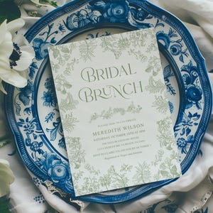 Sage green bridal brunch invitation Chinoiserie bridal shower invite, Vintage floral Toile bridal shower brunch invite