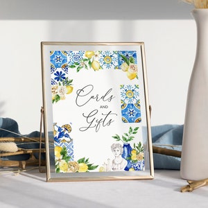 Blauwe tegels citroen Kaarten en geschenken Teken Amalfikust bruidsdouche teken Italiaans Positano baby shower decor, Mediterraan Citrus Bruiloft Teken