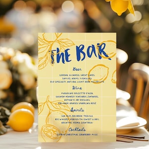 Menu bar de mariage citron carte de boissons dessinée à la main, décoration de mariage méditerranéen aux agrumes Enseigne manuscrite de bar à boissons de mariage