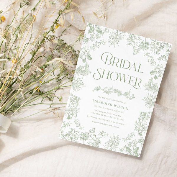 Toile bridal shower invitation Sage green Vintage Floral bridal shower invite, Chinoiserie bridal invitation