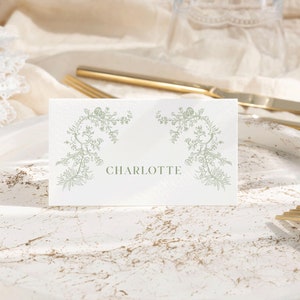 Plaatskaart saliegroen bloemen Toile-naamkaarten bruiloft Vintage voedseletiketten babyshower, buffetkaarten Chinoiserie Decor bruidsdouche