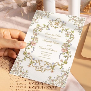 Vintage Blumen-Save The Date Karte Blumenkamm Hochzeit Save the Date, klassisches viktorianisches Hochzeitsthema, Chinoiserie Barockhochzeit