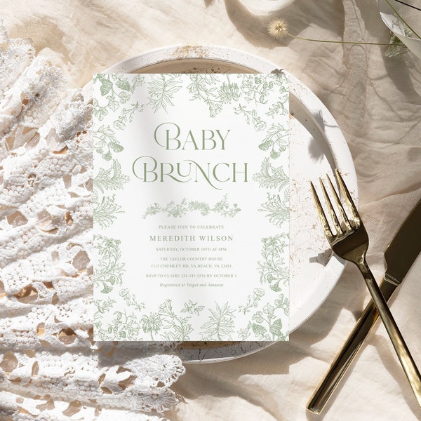 Sage green Toile baby brunch invitation Vintage floral Chinoiserie baby shower invite Toile de Jouy Neutral baby shower brunch invite