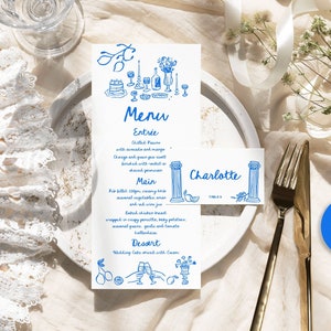Menú dibujado a mano y tarjeta de lugar. Menú de boda italiano. Decoración de mesa, menú de cena de cumpleaños mediterránea, menú de despedida de soltera escrito a mano.