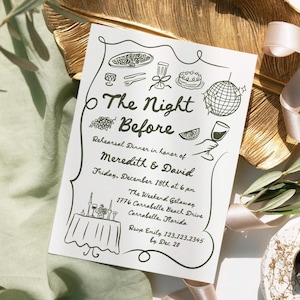 Rehearsal dinner invitation The night before wedding invite, Hand DRAWN Whimsical Rehearsal invite