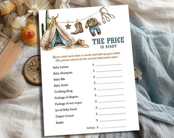 Guess the price Cowboy baby shower game Rodeo baby shower decor, Little cowboy Baby clothes Wild west western Price is right game