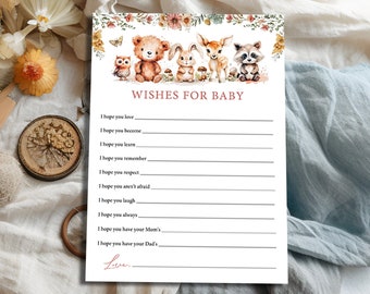 Woodland baby wishes Boho forest animals baby shower decor, Floral Woodland baby shower game Wishes for baby girl card