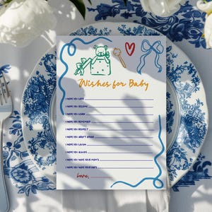 Tarjeta de deseos de osito de peluche para bebé, deseos para bebé niño, juego de baby shower imprimible