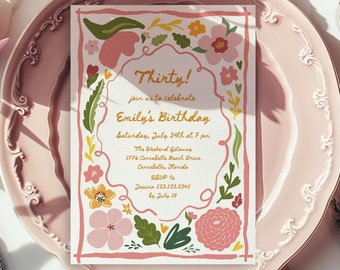 Floral Garden Birthday Invitation, Hand-Drawn Whimsical Pink Green Wildflower Brunch - Dinner Party