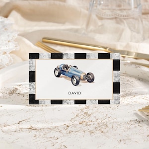 Race car Place cards Buffet tent card template, Race car baby shower decor Blue sport car Two fast one birthday name cards