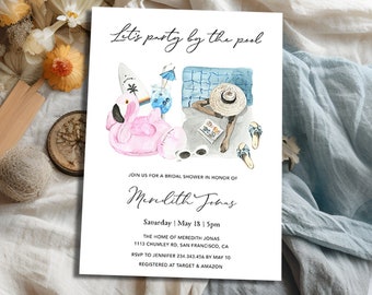 Pool party bridal shower invitation template, party by the pool invite printable, summer bridal shower pool party invitation