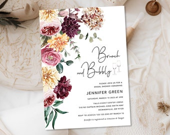 Floral Brunch and bubbly bridal shower invitation, Boho bridal shower brunch invite, Burgundy pink Bridal brunch invitations