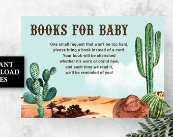 Cowboy Books for baby card Wild West baby shower games Cactus Desert Book request, Bring a book card PRINTABLE western boy baby shower game